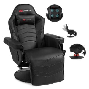 powerstone gaming recliner massage gaming chair with footrest ergonomic pu leather single sofa with cup holder headrest and side pouch, adjustable living room chair seating, black