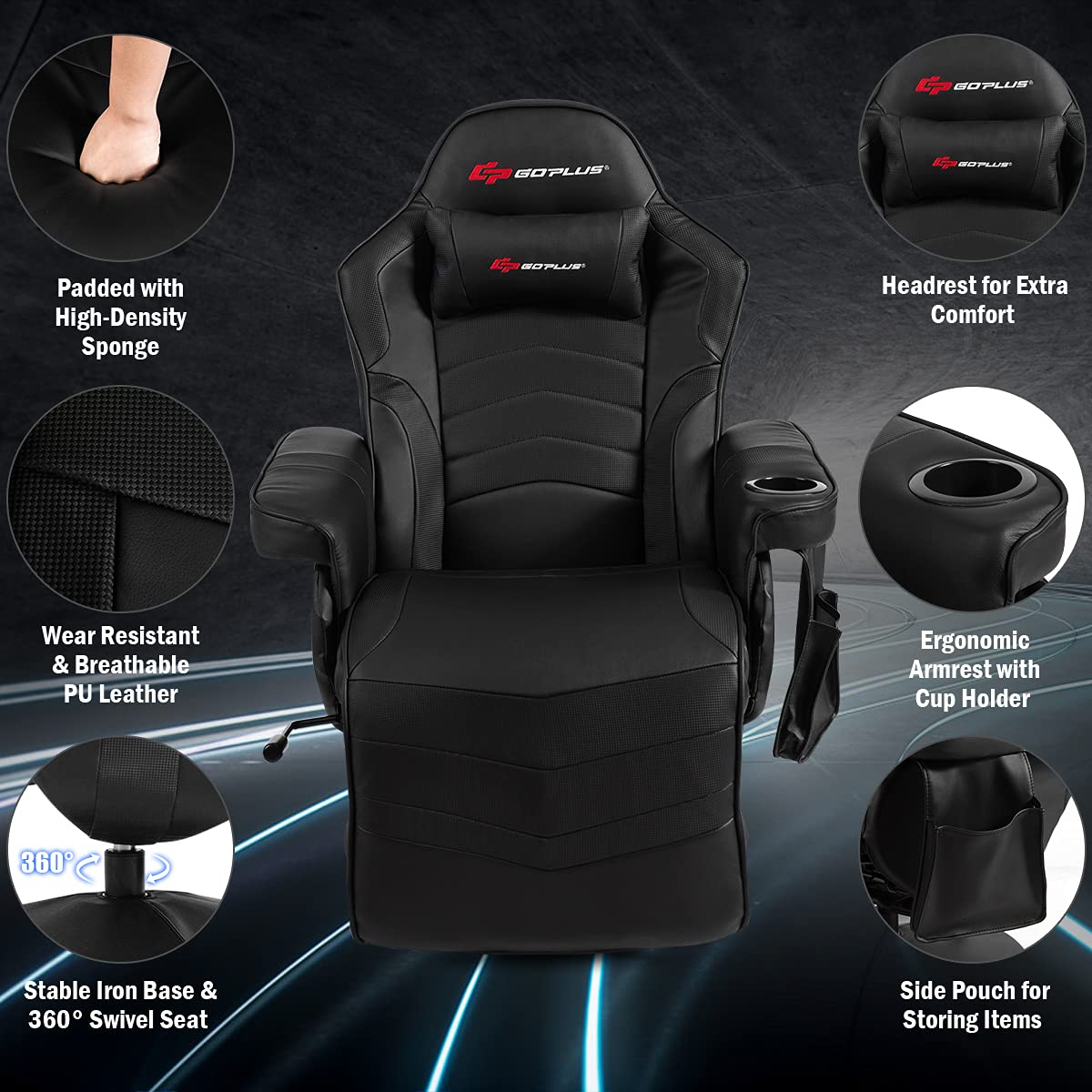 POWERSTONE Gaming Recliner Massage Gaming Chair with Footrest Ergonomic PU Leather Single Sofa with Cup Holder Headrest and Side Pouch, Adjustable Living Room Chair Seating, Black