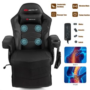 POWERSTONE Gaming Recliner Massage Gaming Chair with Footrest Ergonomic PU Leather Single Sofa with Cup Holder Headrest and Side Pouch, Adjustable Living Room Chair Seating, Black