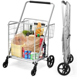 goplus folding shopping cart, jumbo double basket utility grocery cart 330lbs capacity with 360° rolling swivel wheels, portable heavy duty cart for laundry shopping grocery