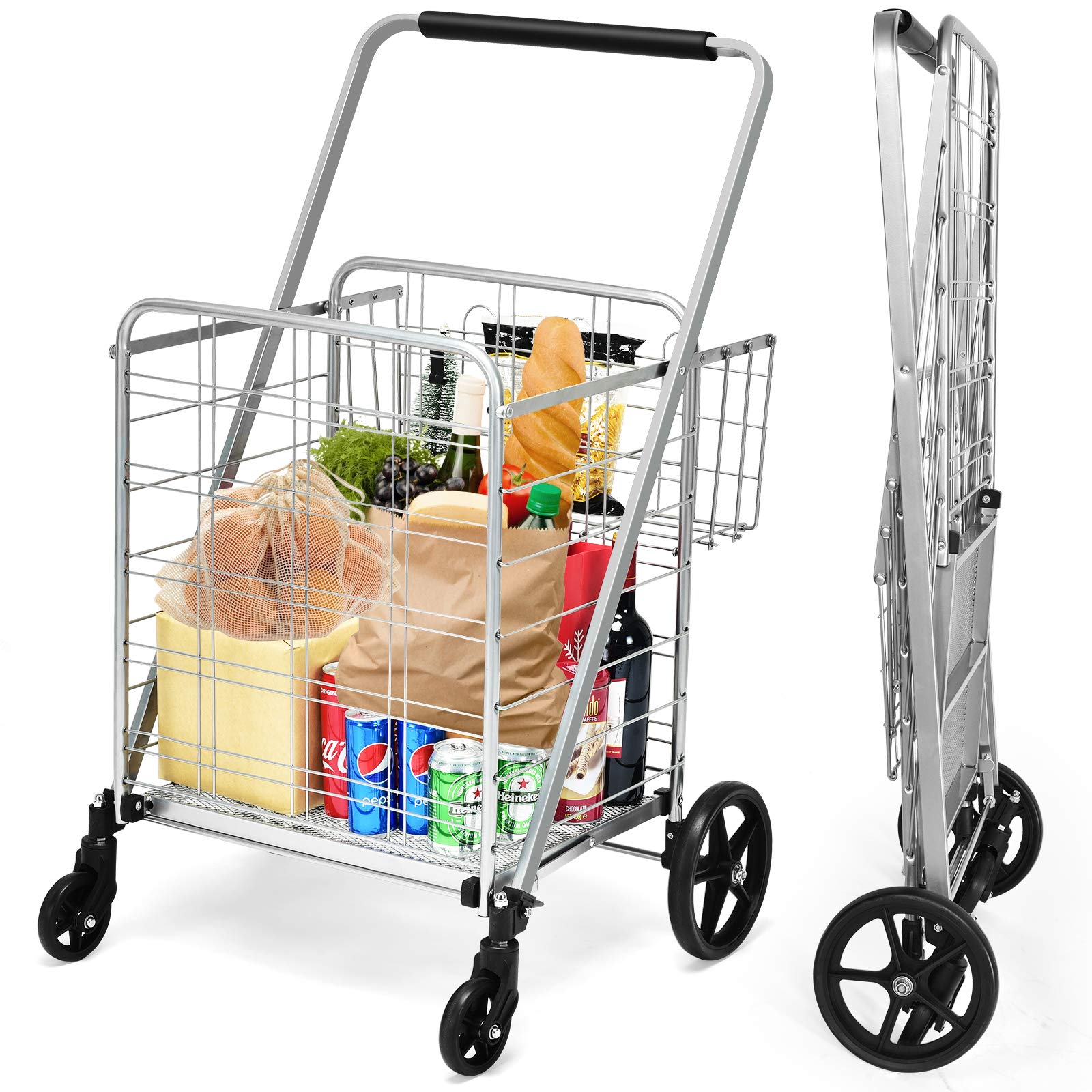 Goplus Folding Shopping Cart, Jumbo Double Basket Utility Grocery Cart 330lbs Capacity with 360° Rolling Swivel Wheels, Portable Heavy Duty Cart for Laundry Shopping Grocery