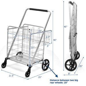 Goplus Folding Shopping Cart, Jumbo Double Basket Utility Grocery Cart 330lbs Capacity with 360° Rolling Swivel Wheels, Portable Heavy Duty Cart for Laundry Shopping Grocery