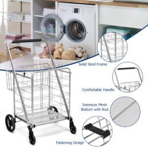 Goplus Folding Shopping Cart, Jumbo Double Basket Utility Grocery Cart 330lbs Capacity with 360° Rolling Swivel Wheels, Portable Heavy Duty Cart for Laundry Shopping Grocery