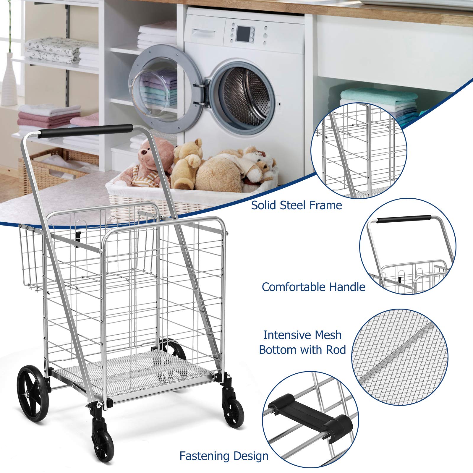 Goplus Folding Shopping Cart, Jumbo Double Basket Utility Grocery Cart 330lbs Capacity with 360° Rolling Swivel Wheels, Portable Heavy Duty Cart for Laundry Shopping Grocery