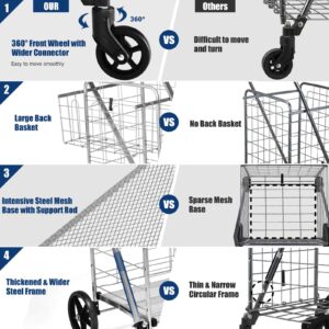 Goplus Folding Shopping Cart, Jumbo Double Basket Utility Grocery Cart 330lbs Capacity with 360° Rolling Swivel Wheels, Portable Heavy Duty Cart for Laundry Shopping Grocery