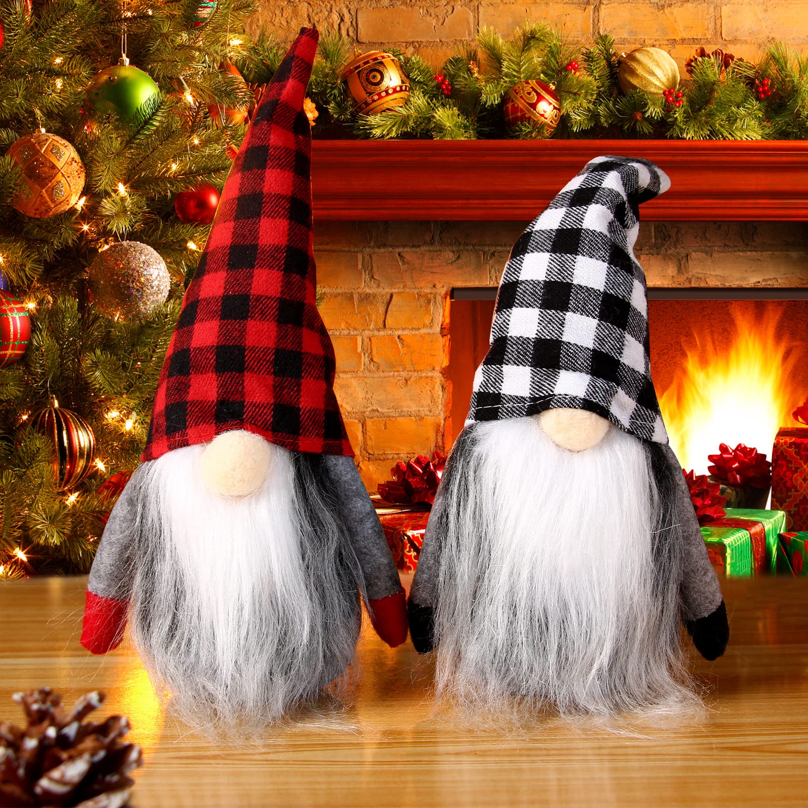 BSSN 2PCS Christmas Gnome Plush Decorations, Buffalo Check Handmade Scandinavian Tomte - Christmas Home Tabletop Elf Gnomes Decor Ornaments