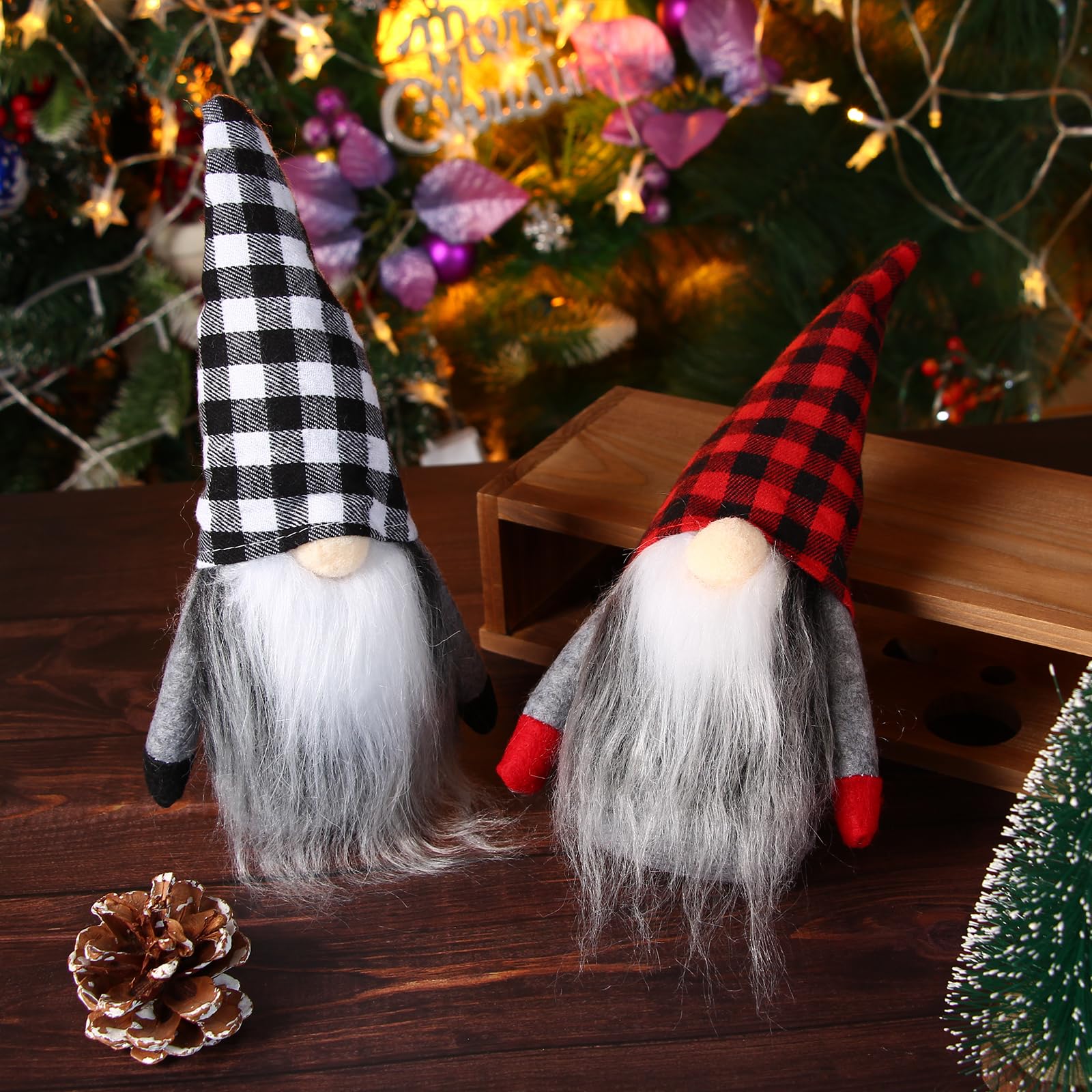 BSSN 2PCS Christmas Gnome Plush Decorations, Buffalo Check Handmade Scandinavian Tomte - Christmas Home Tabletop Elf Gnomes Decor Ornaments