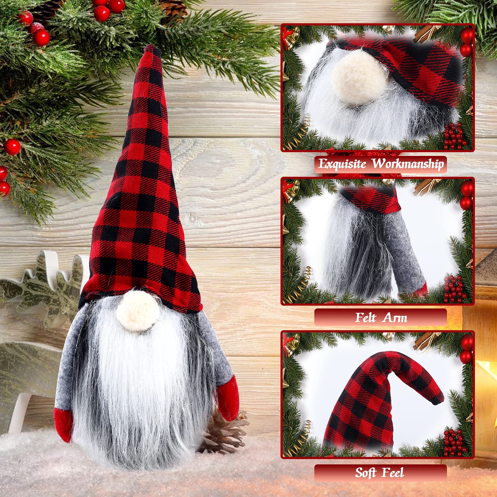 BSSN 2PCS Christmas Gnome Plush Decorations, Buffalo Check Handmade Scandinavian Tomte - Christmas Home Tabletop Elf Gnomes Decor Ornaments