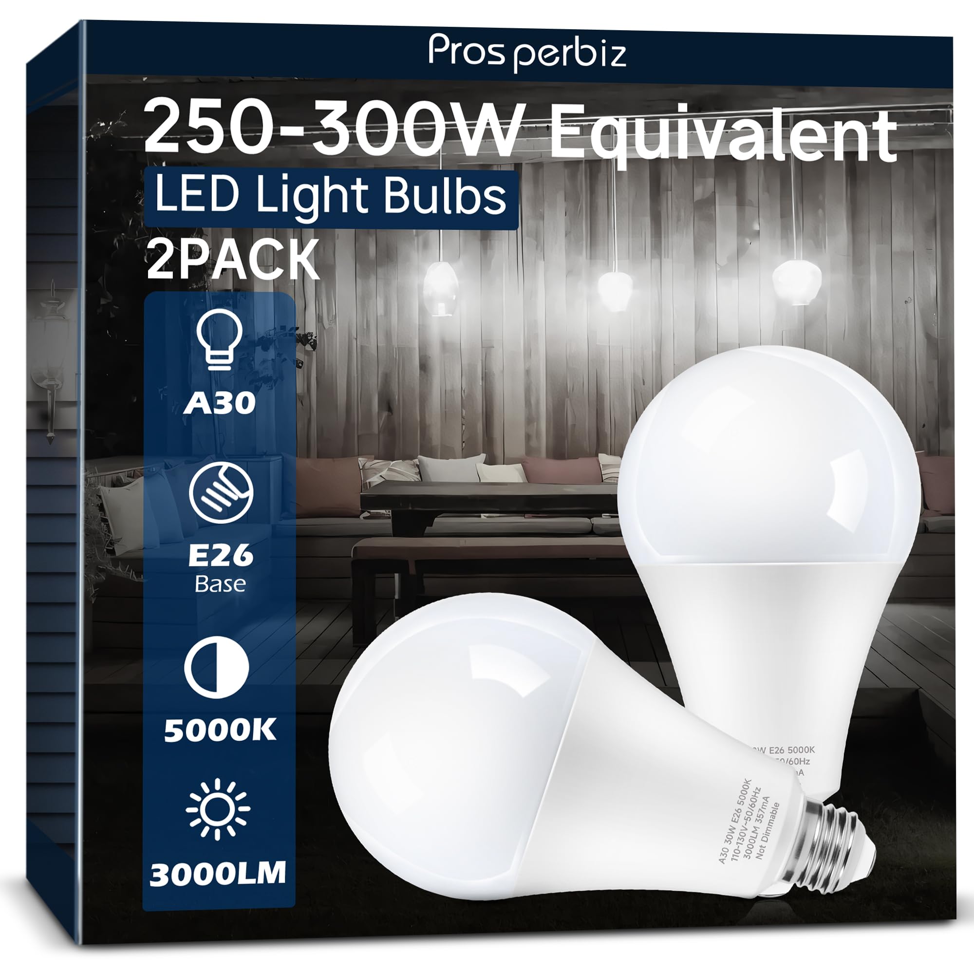 250-300W Equivalent LED Light Bulbs, 3000 Lumens Daylight White 5000K 30W A30 LED Bulbs for Garage, Warehouse, Workshop, Commercial, Office, Backyard, E26 Base Light Bulb Non-Dimmable, 2-Pack