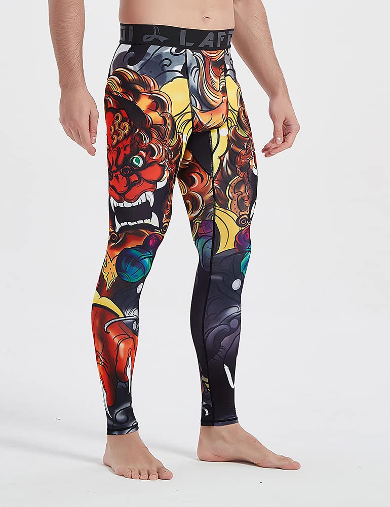 LAFROI Men's Quick Dry Cool Compression Fit Tights Leggings Waistband-YSK08 Lion Dance Size MD