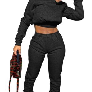 Akmipoem Winter Outfits for Women 2 Piece Tracksuits Long Sleeve Crop Hoodie Sweatshirts Jogging Pants Set Black S