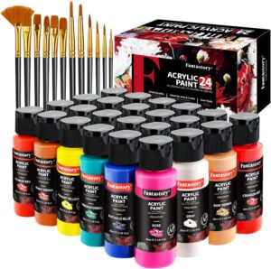 fantastory acrylic paint set, 24 classic colors(2oz/60ml), professional craft paint, art supplies kit for adults canvas/fabric/rock/glass/stone/ceramic/model/wood painting with 12 brushes