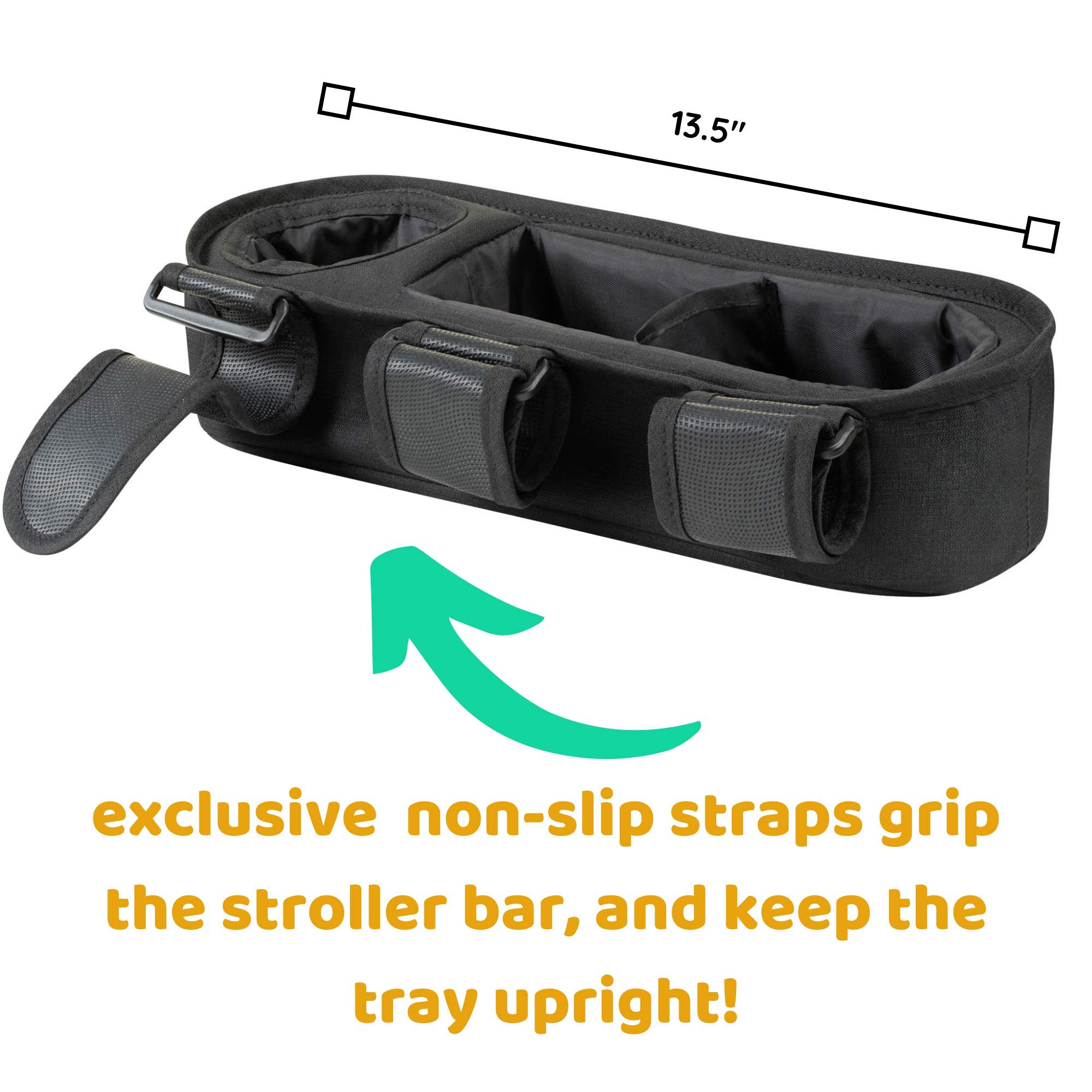 Universal Stroller Tray, Exclusive Straps Firmly Grip Stroller Bar. Universal Stroller Snack Tray Attachment with Insulated Sippy Cup Holder - Non Slip Grip Stays in Place. by Swanoo