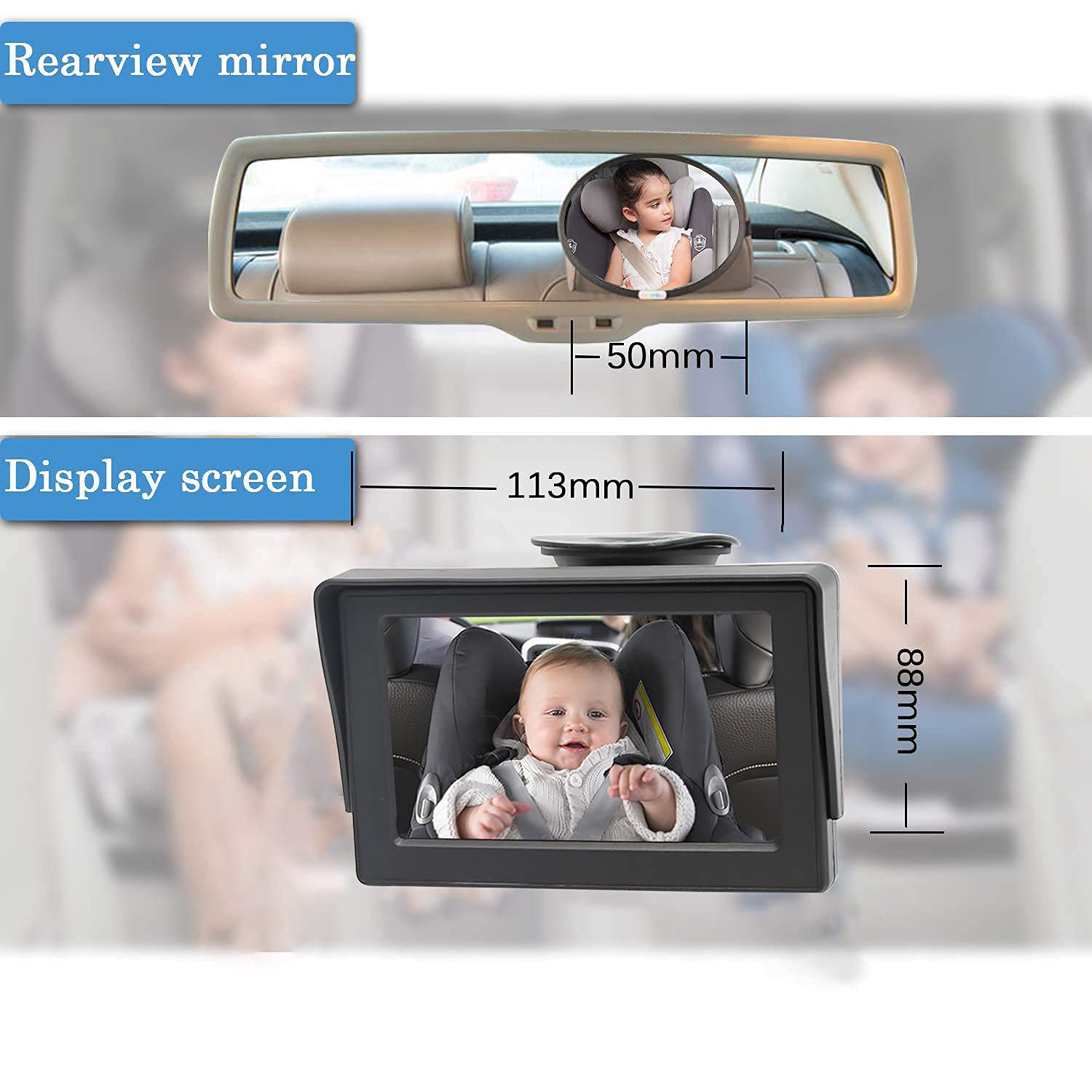 B-Qtech Baby Car Mirror, Baby Car Camera for Back Seat Rear Facing View Infant, 4.3 inch Night Vision Monitor Anti-Shake Camera 360°Adjustable Easy Observe and Install