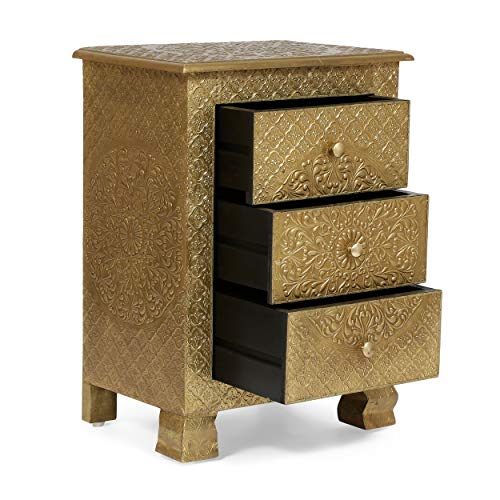 Christopher Knight Home Upson Handcrafted Boho 3 Drawer Nightstand, Gold