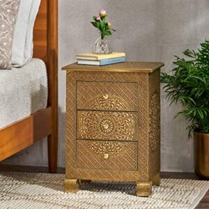 Christopher Knight Home Upson Handcrafted Boho 3 Drawer Nightstand, Gold