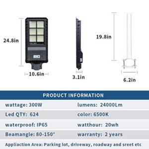 300W Solar Street Light Floodlights Dusk to Dawn,Parking Lot Lights 20000mAH Iron Phosphate Battery LED Outdoor Lighting,24000Lm Light/PIR Motion Sensor for Garage,Patio,Garden,Driveway