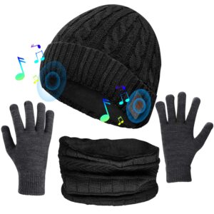 (3 in 1) bluetooth 5.0 music beanie set, cuffed winter hat + touchscreen gloves + neck gaiter scarf, xmas birthday gift for men women teenagers, black