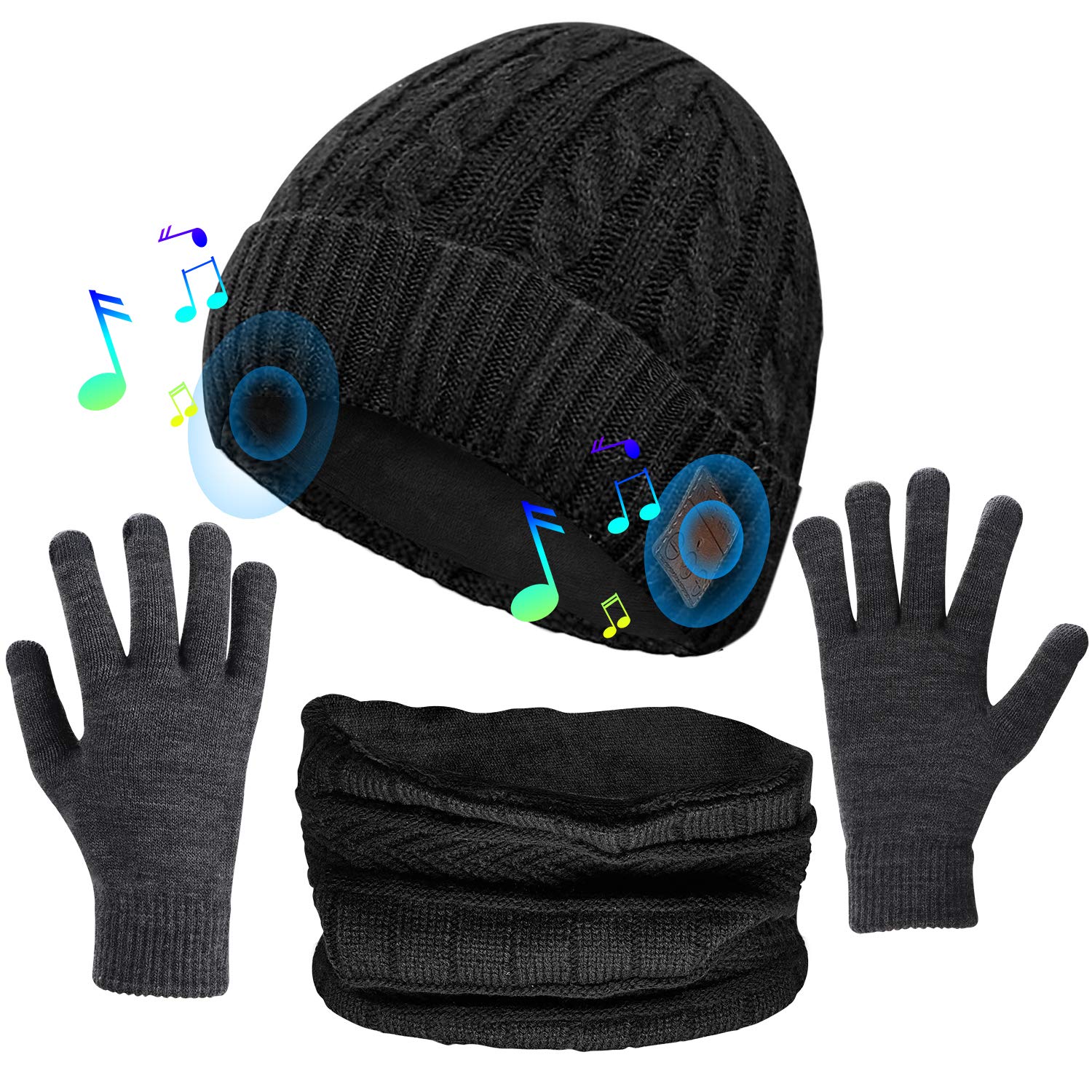 (3 in 1) Bluetooth 5.0 Music Beanie Set, Cuffed Winter Hat + Touchscreen Gloves + Neck Gaiter Scarf, Xmas Birthday Gift for Men Women Teenagers, Black