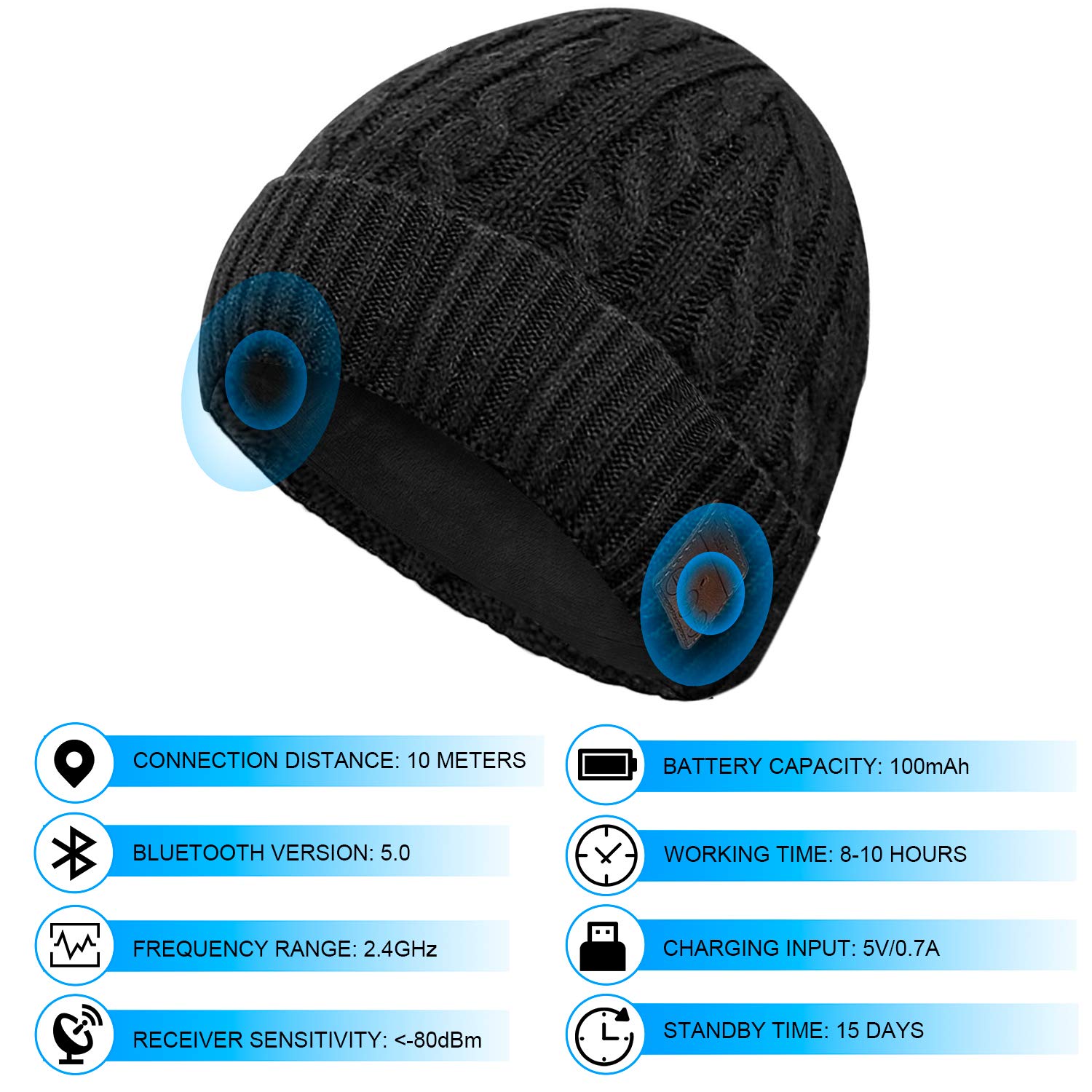 (3 in 1) Bluetooth 5.0 Music Beanie Set, Cuffed Winter Hat + Touchscreen Gloves + Neck Gaiter Scarf, Xmas Birthday Gift for Men Women Teenagers, Black