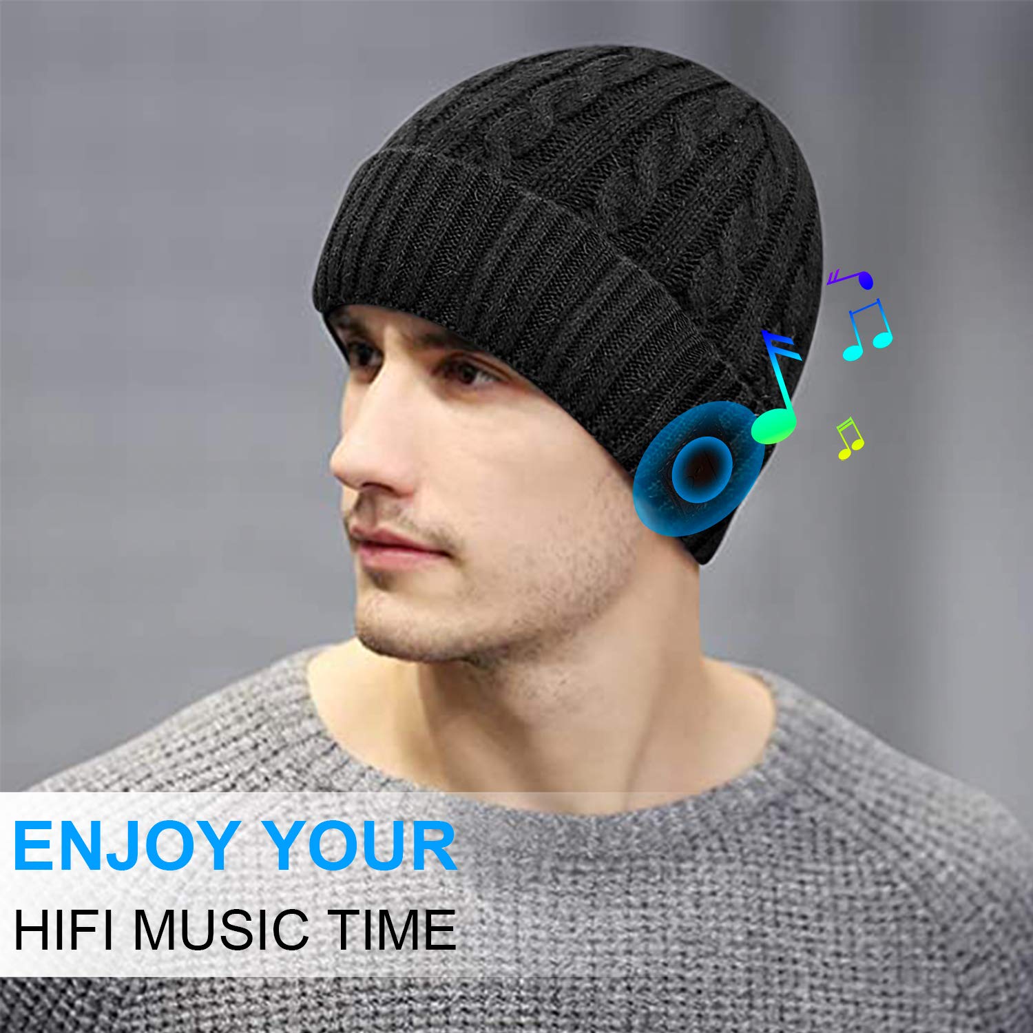 (3 in 1) Bluetooth 5.0 Music Beanie Set, Cuffed Winter Hat + Touchscreen Gloves + Neck Gaiter Scarf, Xmas Birthday Gift for Men Women Teenagers, Black