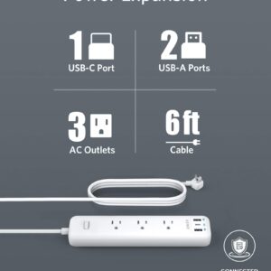 Anker USB C Power Strip with Power Delivery, 3 Outlets and 30W 3 USB (1 USB C, 2 USB A), PowerPort Strip PD 3 with 6ft Long Extension Cord, Flat Plug, for Home, Office, and Dorm Room