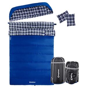 kingcamp camping double sleeping bags, 3 season cotton flannel lining double layer sleeping bag 2 person couple waterproof lightweight backpacking hiking outdoors with pillow and carry bag queen size