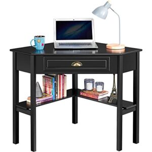 yaheetech wood triangle computer desk corner table with large drawer & storage shelves, 90 degrees writing desk laptop pc table for home office, study workstation for small space, black
