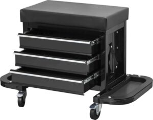 torin apd2018b rolling tool chest/tool box with 3 drawers and wheels, padded mechanic stool creeper seat, black