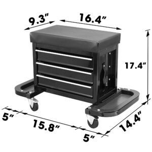 Torin APD2018B Rolling Tool Chest/Tool Box with 3 Drawers and Wheels, Padded Mechanic Stool Creeper Seat, Black