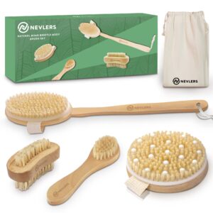 nevlers natural boar bristle body brush set with detachable cellulite massage brush and long wooden handle for dry brushing perfect kit to exfoliate and get rid of cellulite
