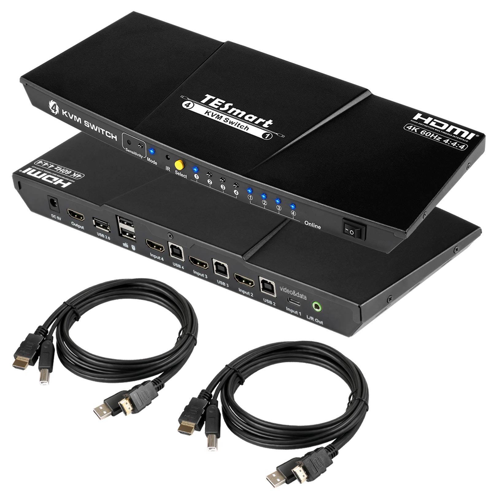 TESmart HDMI and USB C KVM Switch 4 Port Box, UHD 4K@60Hz RGB 4:4:4, USB 2.0 Hub, Stereo Audio, Hotkey, Button Switching, PC Keyboard Mouse Switcher for 3 HDMI and 1 USB-C Computers with 5ft Cables