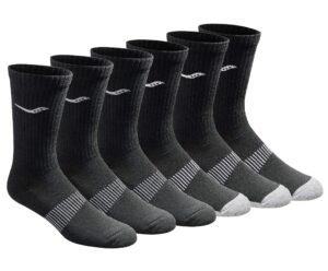 saucony men's mesh ventilating comfort fit performance crew socks, 3, 6, 12, l-xl, black (6 pairs), grey (6 pairs)