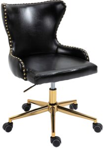 meridian furniture 167black hendrix collection modern contemporary vegan leather upholstered swivel adjustable office chair with button tufting and gold base, black, 21.5" w x 24" d x 30.3"-32.6" h