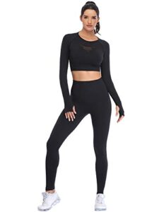 jollmono workout sets for women 2 piece yoga gym outfits seamless ribbed leggings with long sleeve tops(8003m-black)