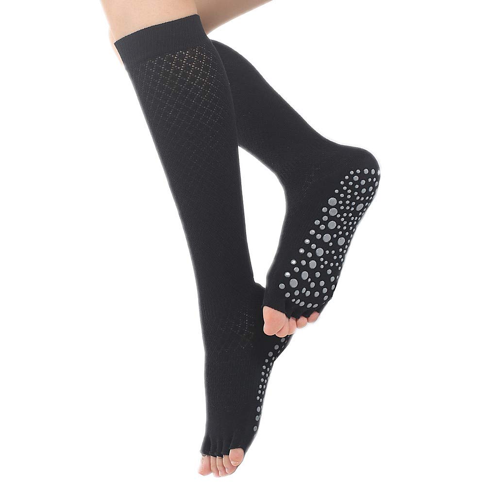 SOXURY Yoga Socks for Women Non Skid Thigh Highs Knee High Pilates Ballet Dance Toeless and Five Toes Long Calf Socks (Striped Black)