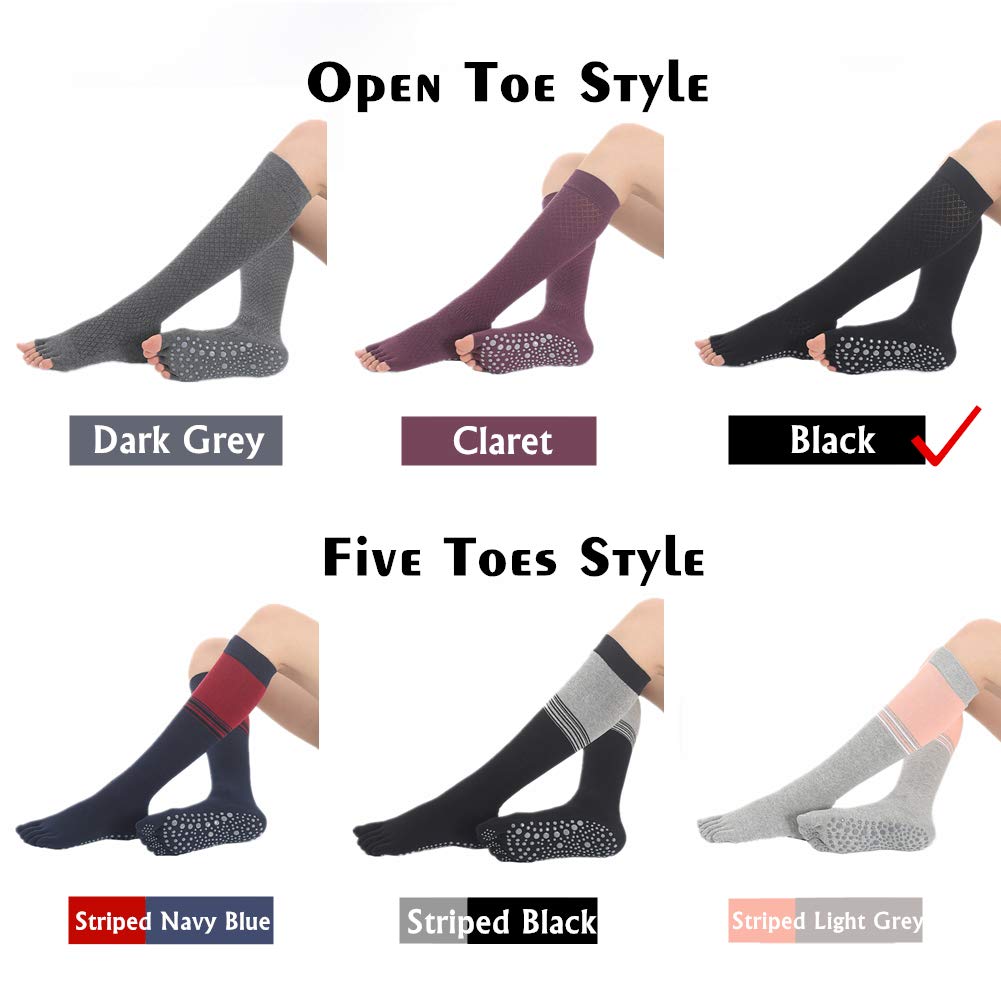 SOXURY Yoga Socks for Women Non Skid Thigh Highs Knee High Pilates Ballet Dance Toeless and Five Toes Long Calf Socks (Striped Black)