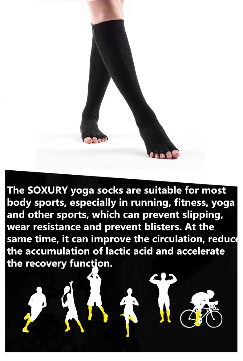 SOXURY Yoga Socks for Women Non Skid Thigh Highs Knee High Pilates Ballet Dance Toeless and Five Toes Long Calf Socks (Striped Black)