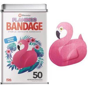 bioswiss bandages, flamingo shaped self adhesive bandage, latex free sterile wound care, 50 count