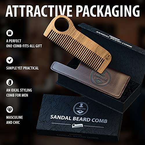 Manecode Wooden Hair Comb for Men - Premium Quality Anti-Static Sandalwood and Eco-Leather Pocket - Small Giftable Craft Box