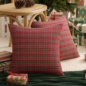 AQOTHES Pack of 2 Christmas Plaid Decorative Throw Pillow Covers Scottish Tartan Cushion Case for Farmhouse Home Holiday Decor Red and Green, 18 x 18 Inches