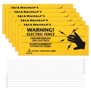 6 pieces electric fence warning signs with 12 pieces zip ties 10 x 4 inch yellow caution electric signs, plastic fence safe caution warning sign for farm home electric safety distance