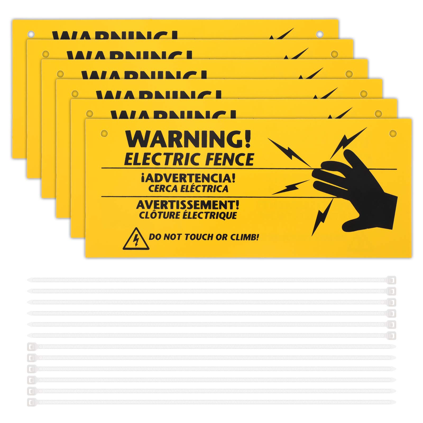 6 Pieces Electric Fence Warning Signs with 12 Pieces Zip Ties 10 x 4 Inch Yellow Caution Electric Signs, Plastic Fence Safe Caution Warning Sign for Farm Home Electric Safety Distance