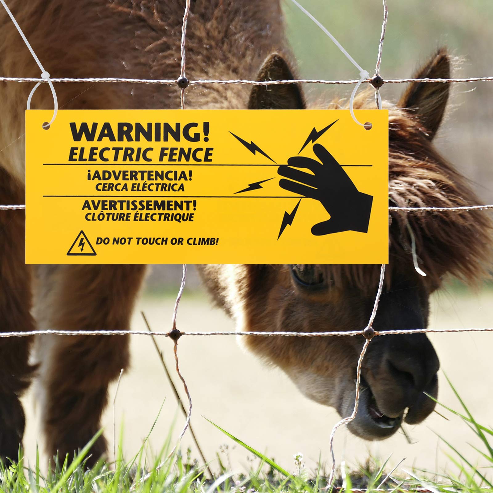 6 Pieces Electric Fence Warning Signs with 12 Pieces Zip Ties 10 x 4 Inch Yellow Caution Electric Signs, Plastic Fence Safe Caution Warning Sign for Farm Home Electric Safety Distance