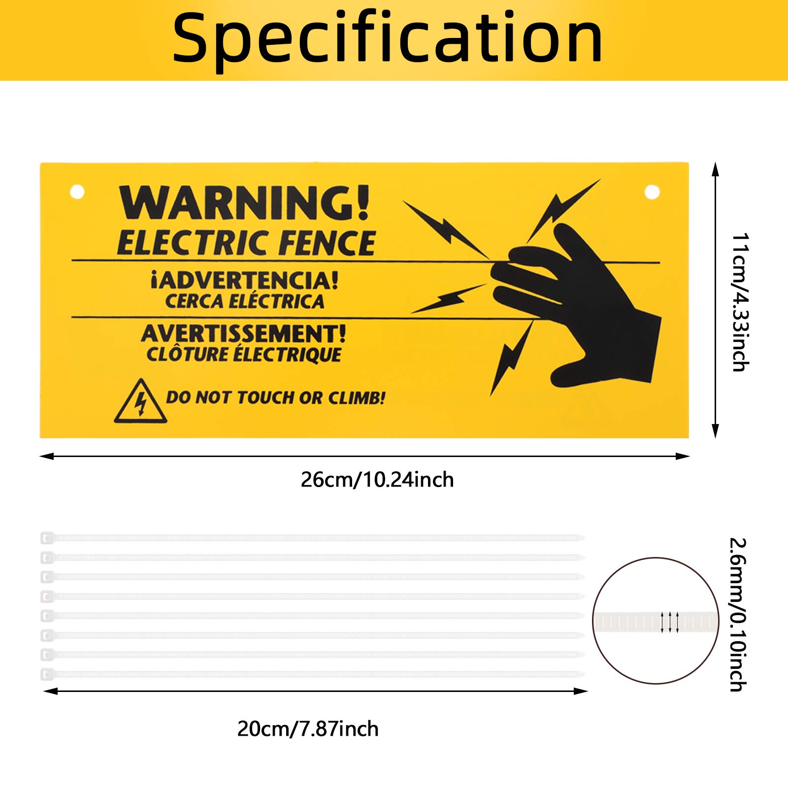 6 Pieces Electric Fence Warning Signs with 12 Pieces Zip Ties 10 x 4 Inch Yellow Caution Electric Signs, Plastic Fence Safe Caution Warning Sign for Farm Home Electric Safety Distance