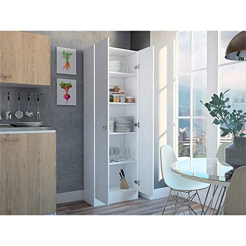 Levan Home Contemporary Kitchen Tall Utility Storage Pantry Cabinet in White & Light Oak with Metal Handles