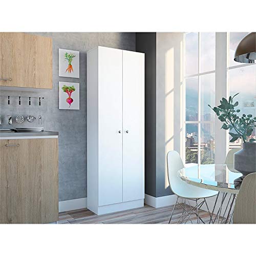 Levan Home Contemporary Kitchen Tall Utility Storage Pantry Cabinet in White & Light Oak with Metal Handles