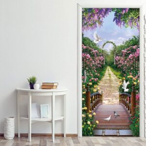 Izielad 3D Garden Flowers Self-Adhesive Door Wallpaper Murals Wall Stickers Peel and Stick Door Poster for Home Decoration Vinyl Removable Art Decal 30.3" x78.7