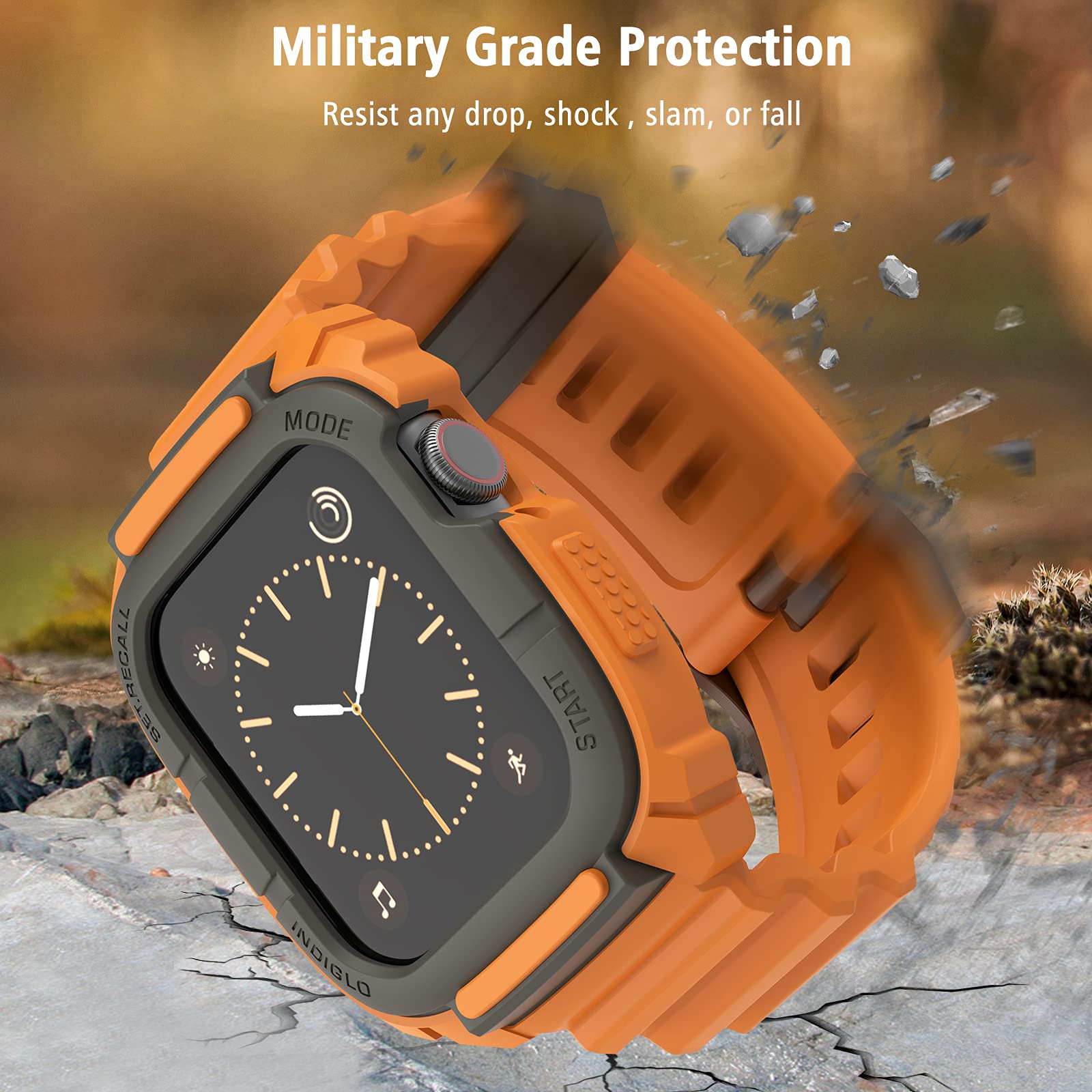 Compatible for Apple Watch Strap 44mm 42mm with Bumper Case, Loxoto Rugged Protective Drop Shock Resistant Case with TPU Band Strap Fit for iWatch 6/SE/5/4/3 Men Women Sport Military Style, Kumquat, One Size, Military