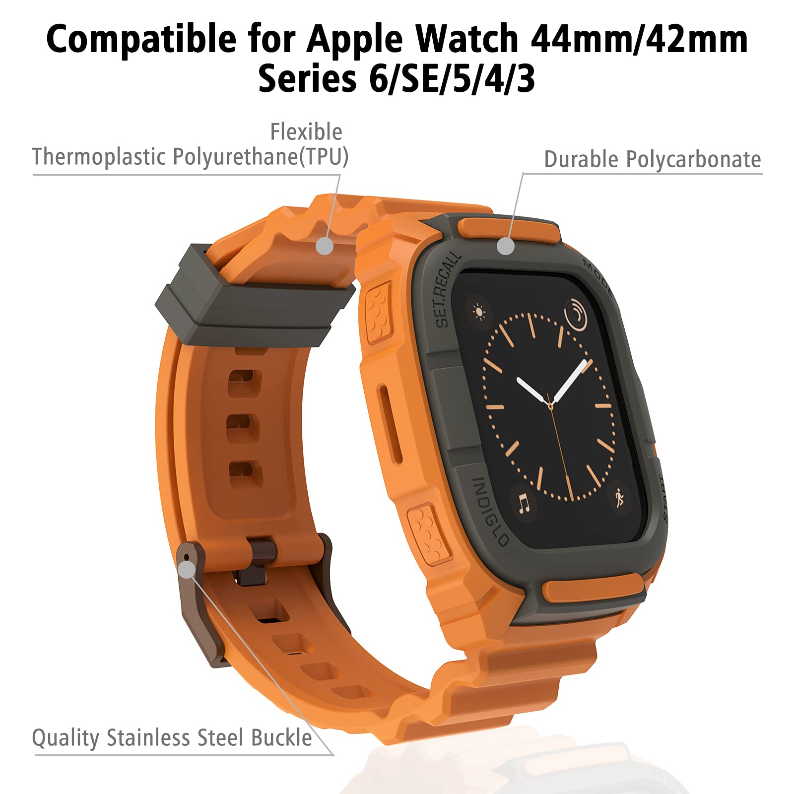 Compatible for Apple Watch Strap 44mm 42mm with Bumper Case, Loxoto Rugged Protective Drop Shock Resistant Case with TPU Band Strap Fit for iWatch 6/SE/5/4/3 Men Women Sport Military Style, Kumquat, One Size, Military